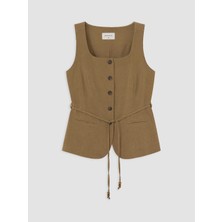 LC Waikiki Lcw Everyday Yeşil Beli Kuşaklı Keten Karışım Kadın Klasik Yelek