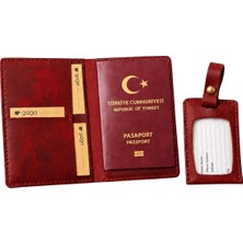 Happy Trend Kılıfı & Valiz Etiketi Seti – El Yapımı Unisex Pasaport Cüzdan – 4 Kart Bölmeli, Bilet Cepli, Seyahat Organizeri, Dayanıklı Deri Pasaportluk - (Kırmızı)