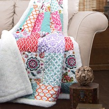 Happy Trend Decor Brookdale Ters Çevrilebilir Örtü-Renkli Çiçek Desenli Yama Işi BATTANIYE-152 x 127 Cm, 60 x 50 Mor/turkuaz