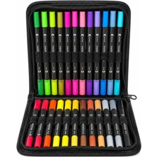 Happy Trend Çift Uçlu Profesyonel Marker Kalem Çizim ve Boya Kalemi Seti Fırça Uçlu ve 0.4 mm Fine Uçlu Profesyonel Sanat Boyama Çizim ve Bullet Journal Kalemi (Siyah Çantalı)