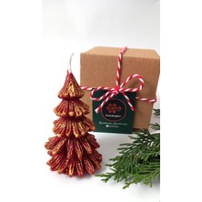 Happy Trend Doğal Petek Balmumu Mum Kırmızı Altın Simli Çam Ağacı Boy 8.5 cm Bal Mumu Beeswax Candle