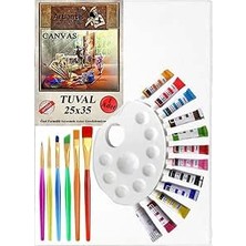 Happy Trend Boya Hobi Boyama Seti 1 Paket 25X35 cm Tuval 12 Li Akrilik Boya Tüp Resim Paleti Fırça Seti 6 Lı
