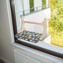 Happy Trend Güçlü Vantuzlu Kedi Cam Yatağı, Cama Asılan Ahşap Kedi Yatağı, 6 Güçlü Vantuzlu, Minderli, Pencere Önü Dinlenme Alanı, Standart (Kedili Desen)