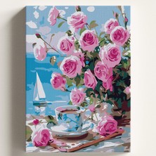 Happy Trend Boyama Tuval Hobi Seti Pembe Güllü Manzara Temalı Fırça ve Boya Dahil Set (Çıtalı) 40X50 cm Kendin Yap Sayılarla Tuval Boya Kiti (Kasnaklı)