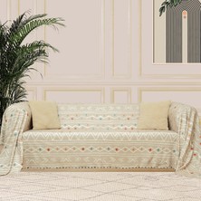 Happy Trend Concept Softmicro Boho Etnik Desenli Mikrofiber Koltuk Örtüsü ve Şalı, Kaymaz Bej 180X220 cm
