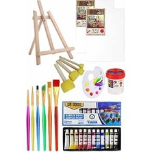 Happy Trend Şövale 25X35 2 Li Tuval Mydido 12 Renk Akrilik Boya Başlangıç Seti Fırça Palet Ponpon Su Kabı Masaüstü Sanatsal