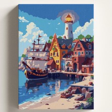 Happy Trend Boyama Tuval Hobi Seti Liman Manzara Temalı Fırça ve Boya Dahil Set (Çıtalı) 40X50 cm Kendin Yap Sayılarla Tuval Boya Kiti (Kasnaklı)