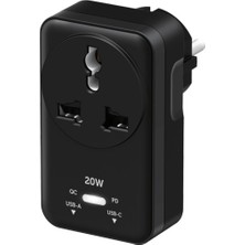 Happy Trend Şarj Özellikli, Akım Korumalı 20W Pd Hızlı Şarjlı Universal Priz Dönüştürücü, 2500W Akım Korumalı, Usb-C ve Usb-A Çıkışlı, Tüm Ülke Fişleri Uyumlu (Siyah)