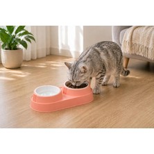 Happy Trend Silikon Yüzeyli Plastik Kedi Mama ve Su Kabı, Çift Hazneli Kedi Mama ve Su Kabı,pet Feeder (Pembe)