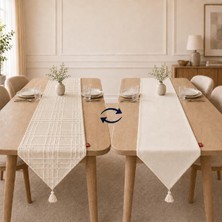 Happy Trend Çift Taraflı Kullanım 45 x 150 Cm, Desenli ve Düz Iki Yüzlü Runner, Püsküllü Dekoratif Masa Örtüsü (Krem Desenli)