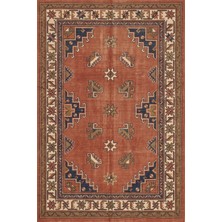 Rugzella Anteroom Bohem Etnik Motifli Kiremit Lacivert Hardal Desenli Geometrik Yıkanabilir Halı