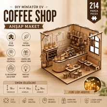 Happy Trend Coffee Shop Ahşap Maket, 214 Parça Dıy Minyatür Kafe Modeli, LED Işıklı Mdf 3D Puzzle, Hobi ve Dekorasyon Seti, 19X19X19 cm