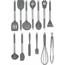 Happy Trend Mora 14 Parça Paslanmaz Çelik Silikon Uçlu Spatula Mutfak Seti Gri