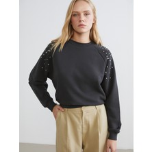 LC Waikiki Lcw Vision Antrasit Bisiklet Yaka Taşlı Oversize Kadın Sweatshirt