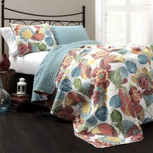 Happy Trend Decor Layla Yorgan Çiçekli Yaprak Baskılı 3 Parça Ters Çevrilebilir Yatak Takımı, King, Turuncu ve Mavi