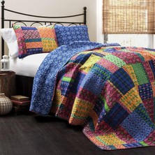 Happy Trend Decor Misha Yorgan | Yama Işi Bohem Ters Çevrilebilir Baskı Desenli 3 Parça Yatak Seti - Battal Boy - Fuşya ve Mavi