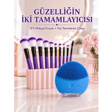 Mabelme Store 12’li Mor Makyaj Fırça Seti ve Silikon Yüz Temizleme Cihazı Ikili Makyaj ve Cilt Bakım Seti