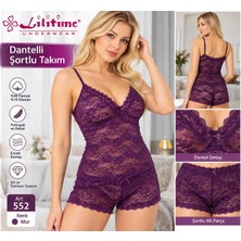 Kadın Mor Dantelli Şortlu 2 Parça Iç Giyim Takımı %90 Pamuk %10 Elastan