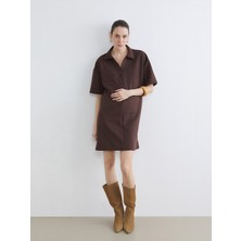 LC Waikiki Lcw Comfort Kahverengi Gömlek Yaka Süet Mini Elbise
