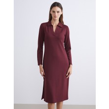 LC Waikiki Lcwaıkıkı Classic Bordo Büyük Beden Polo Yaka Bodycon Elbise