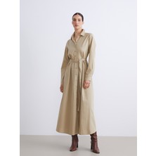 LC Waikiki Lcwaıkıkı Classic Yeşil Beli Kuşaklı Poplin Gömlek Elbise