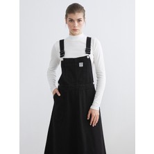 LC Waikiki Lcw Modest Siyah Kare Yaka Düz Askılı Kadın Jean Salopet Elbise