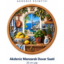 212toyzz Akdeniz Manzaralı Duvar Saati – 33 cm Uv Baskılı, Ahşap Görünümlü Çerçeveli, Limon ve Zeytin Desenli Dekoratif Mutfak ve Salon Saati