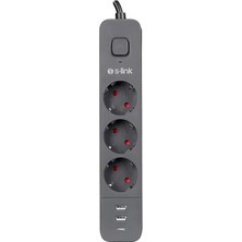 Aydınlatma Dünyam S-Link SPG03U 2 USB +1type C 5V2.4A 1.5m 3X1.00MM 100% Bakir 750 Joule 3 Lü Anahtarli Akim Korumali Siyah Priz