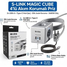 Aydınlatma Dünyam S-Link PRZ04 4 Soketli 2 USB 1 Type-C PD20 2m 306 Joule Tam Bakir Küp Beyaz Akim Korumali Priz