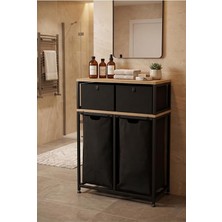 Kızaklı Çamaşır Sepeti 2 Adet Saklama Kutulu 2X40 Lt Kirli Sepeti Büyük Boy Raflı Kirli Sepeti Siyah 60 x 100