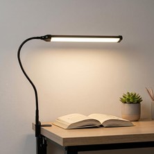 LED Masa Lambası – 12W USB Güç Girişli, Esnek Kol, Klipsli Tasarım, 3 Renk Sıcaklığı (2800K/4200K/6000K), Kısılabilir Dimmer Anahtarlı | Siyah 555