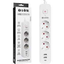 Aydınlatma Dünyam S-Link SPG03TC 2 Usb+1 Type C 5V2.4A 1,5 mt 3x1 mm 750 Joule 3 Lü Anahtarli Akim Korumali Beyaz Priz
