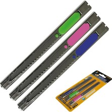 3'lü Metal Maket Bıçağı Seti - 9mm Ince Dar Tip, Paslanmaz Çelik Gövde, Hassas Kesim Için Kilitli Mekanizma - Ofis, Sanat ve Hobi Kullanımına Uygun (Yeşil, Pembe, Mavi)