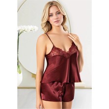Nymora Kadın Bordo Saten Şortlu Pijama Takımı Dantel Işlemeli Askılı Ev Giyimi
