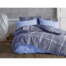 Pamuklu Çift Kişilik Nevresim Takımı Seti Yorgan Kılıfı Mavi Lacivert Kare Beyaz Çizgi Desen 200X220 cm + Lastikli Battal Boy Çarşaf 180X200X30 cm +2 Yastık Kılıflı 50X70 cm