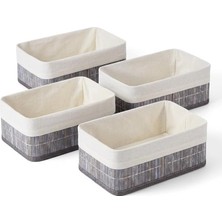 Bambu Detaylı Çok Amaçlı Saklama Kutusu – 25X15X8 cm Dekoratif Kumaş Organizer | Mutfak, Banyo, Dolap Içi ve Raf Düzenleyici | Çekmece Içi Derin Organizer Kutu Gri (4 Adet)