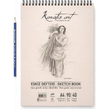 Eskiz Defteri, Ince Grenli, Kolay Silinebilir Ph Nötr Kağıt, Spiralli Sketch Book, 90 G/m², 40 Yaprak, Çizim ve Karakalem Için