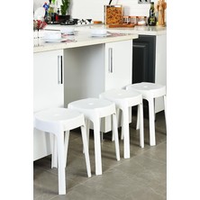 Kaymaz Ayaklı Dekoratif Iç Içe Geçebilen Plastik Tabure, 36X36 Cm, 150 kg Kapasiteli, Beyaz, 4 Adet