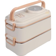 1200ML Lunchbox 2 Katlı 4 Bölmeli Mini Kaseli Çelik Sefer Tası Yemek Kutusu (Bej-Açık Kahve)