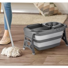 Katlanır Temizlik Kovası Seti, 20 Litre, Gri-Beyaz, Paspas Sapı ve Mop Başlığı ile