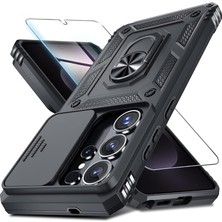 - Samsung Galaxy S26 Ultra ile Uyumlu Ekran Koruyucu Kılıf Sürgülü Yüzüklü Standlı Darbe Emici Tank Kapak - Siyah