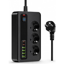 P10 3000W Akım Korumalı Priz - 3 Ac Çıkışlı, 4 USB ve 2 Type-C Girişli Çoklu Priz, Hızlı Şarj Destekli Grup Priz (Siyah)