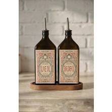 Ahşap Stantlı Çeliktıpalı 500 ml Cam Ayçiçek Yağı Zeytinyağı Şişesi Yağdanlık Vintage Retro (Ya) (Froldeared)