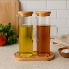 Lavino 3 Parça 400 ml Borosilikat Yağlık - Bambu Altlık ve 2 Adet Bambu Kapaklı Cam Yağdanlık