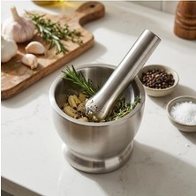 Paslanmaz Çelik Havan Küçük Boy, Tokmaklı Baharat Ezici ve Öğütücü, Sarımsak Tuz Karabiber Ot Sos Hazırlama, 10 cm Yükseklik, 10 cm Ağız