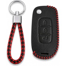 Keys Megane 4, Clio 5, Captur Için, Deri Anahtar Kılıfı, 3 Butonlu, Siyah-Kırmızı Örgülü, Anahtarlık Dahil