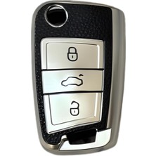 Keys Volkswagen Golf 7, Golf 7.5, Tiguan, Polo, T-Roc, T-Cross Için Lüks Anahtar Koruma Kılıfı, Siyah Deri Desenli