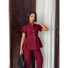 Maxi Modena Gold Düğme Detaylı Peplum Kesim Şık Kadın Takım - Bordo