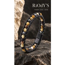 Riody’s 6 mm Yemen Akik Doğal Taşlı Deri Kordon Erkek Bileklik – Manyetik Çelik Kilitli