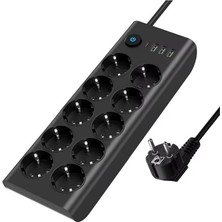 10’lu Akım Korumalı Priz 3680W | 3 Usb-A + 1 Usb-C Girişli Çoklu Grup Priz | Anahtarlı 2 Metre Uzatma Kablosu | Çocuk Korumalı Çoklu Priz Siyah